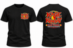 A mock up of both front and back on a black t-shirt, with a small "Kage Kombat" logo on left chest and large"Kage Kombat" logo on the full back.