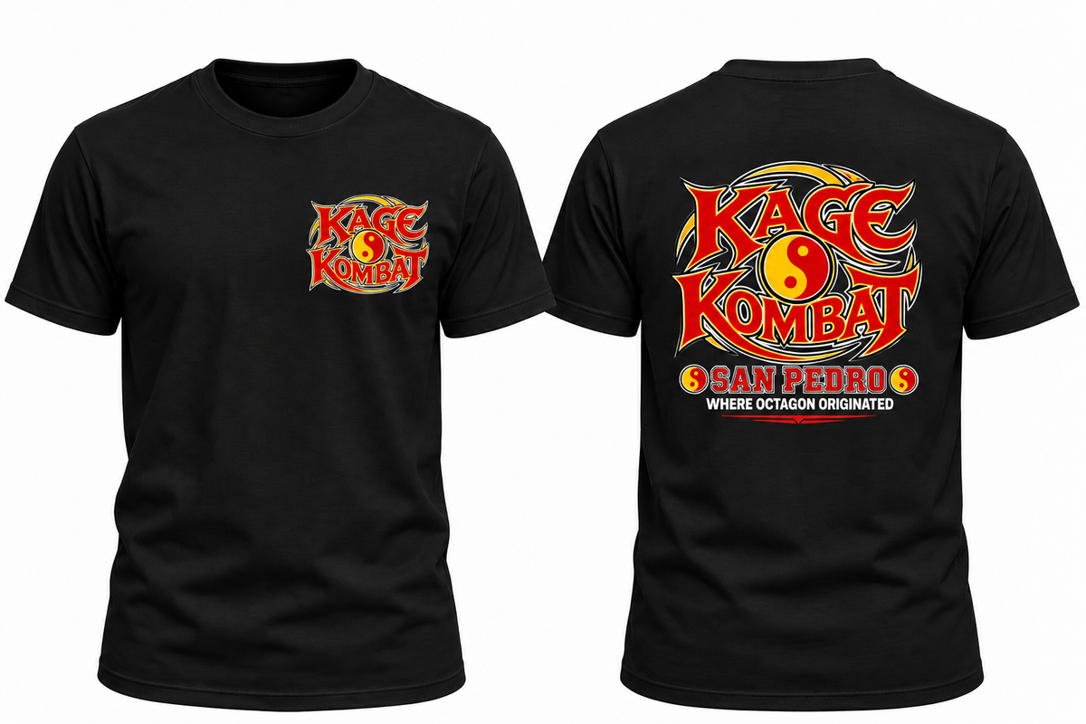 A mock up of both front and back on a black t-shirt, with a small "Kage Kombat" logo on left chest and large"Kage Kombat" logo on the full back.