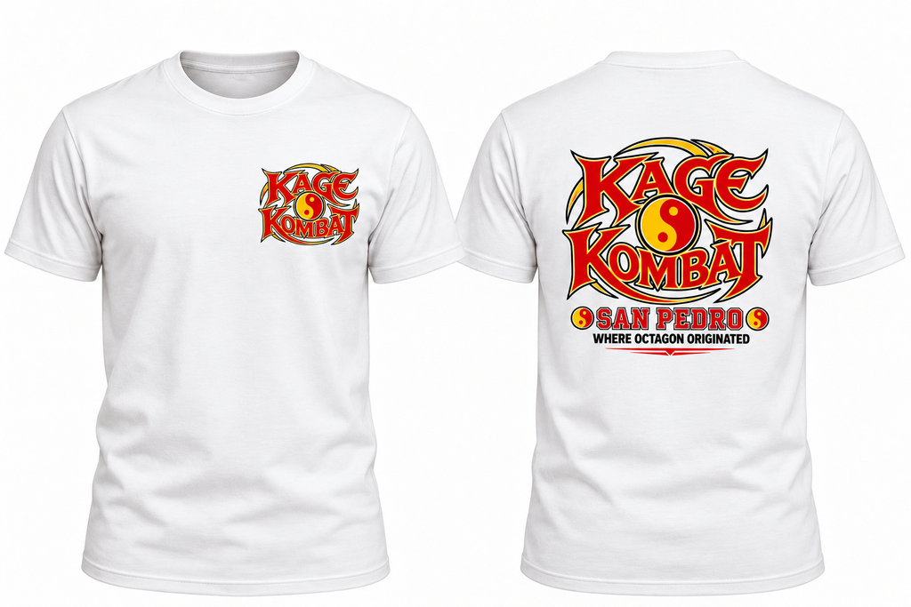 A mock up of both front and back on a white t-shirt, with a small "Kage Kombat" logo on left chest and large"Kage Kombat" logo on the full back.
