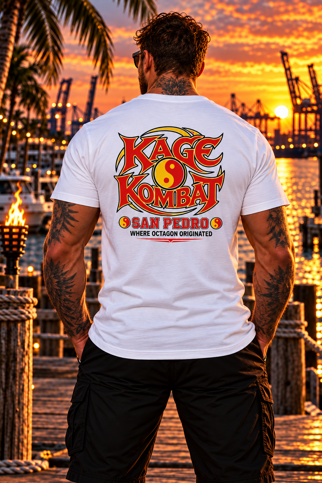 A man stands on a dock at sunset wearing a black T-shirt with a large 'Kage Kombat San Pedro' graphic on the back, with a tropical harbor and port cranes in the background.