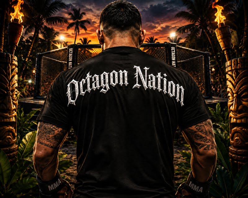A man viewed from behind wearing a black t-shirt with 'Octagon Nation' printed in white gothic lettering across the back, standing in a tropical ring arena with tiki torches and a cage in the background.