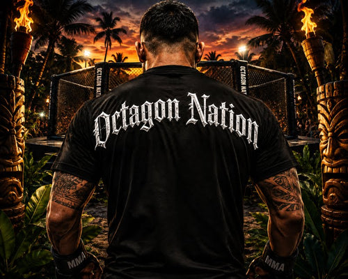 A man viewed from behind wearing a black t-shirt with 'Octagon Nation' printed in white gothic lettering across the back, standing in a tropical ring arena with tiki torches and a cage in the background.