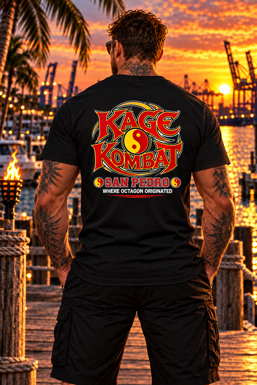 A man stands on a dock at sunset wearing a black T-shirt with a large 'Kage Kombat San Pedro' graphic on the back, with a tropical harbor and port cranes in the background.