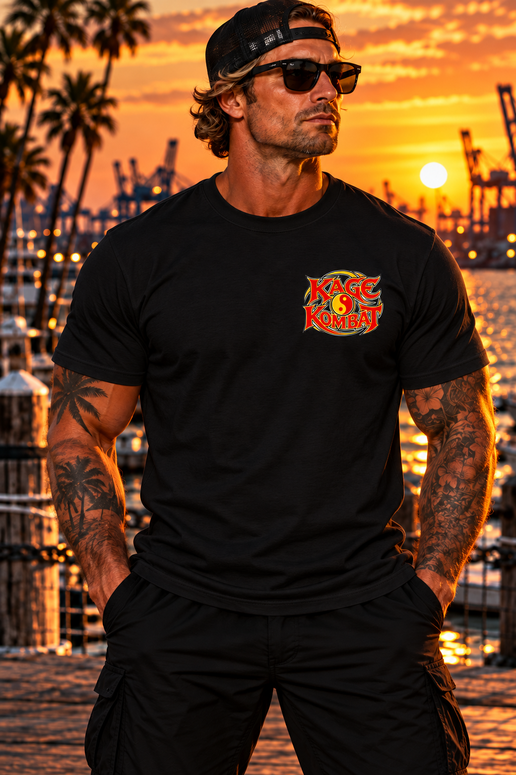 A man stands on a dock at sunset wearing a black T-shirt with 'Kage Kombat San Pedro' graphic on left chest, with a tropical harbor and port cranes in the background.